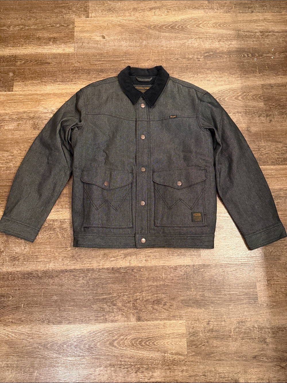 Filson Wrangler Charcoal Gray work Jacket with Black Corduroy Collar
